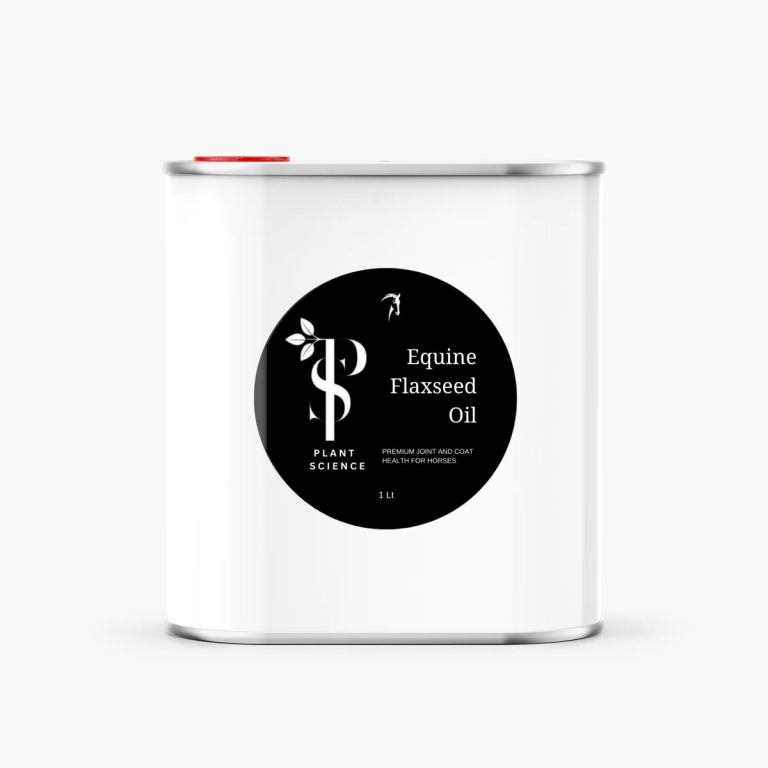flaxseedoilhorses.jpg Equine flaxseed oil for horse health in white tin.