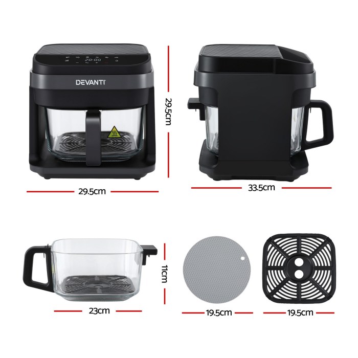 devanti air fryer 5.5l touch control electric cooker 1200w black Devanti air fryer dimensions and components displayed.