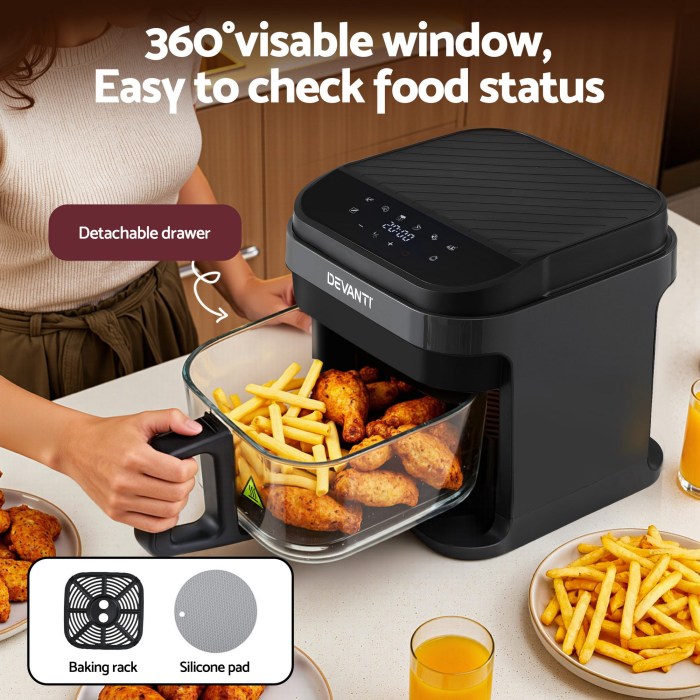 devanti air fryer 5.5l touch control electric cooker 1200w black Black air fryer with detachable drawer and food inside.