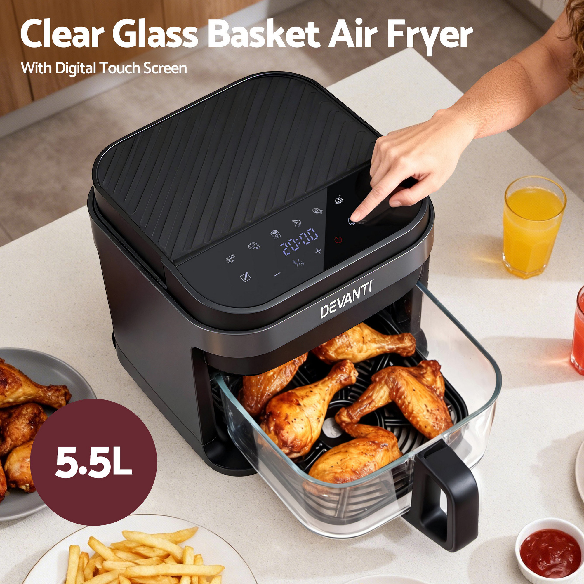 Glass basket air fryer with digital screen.