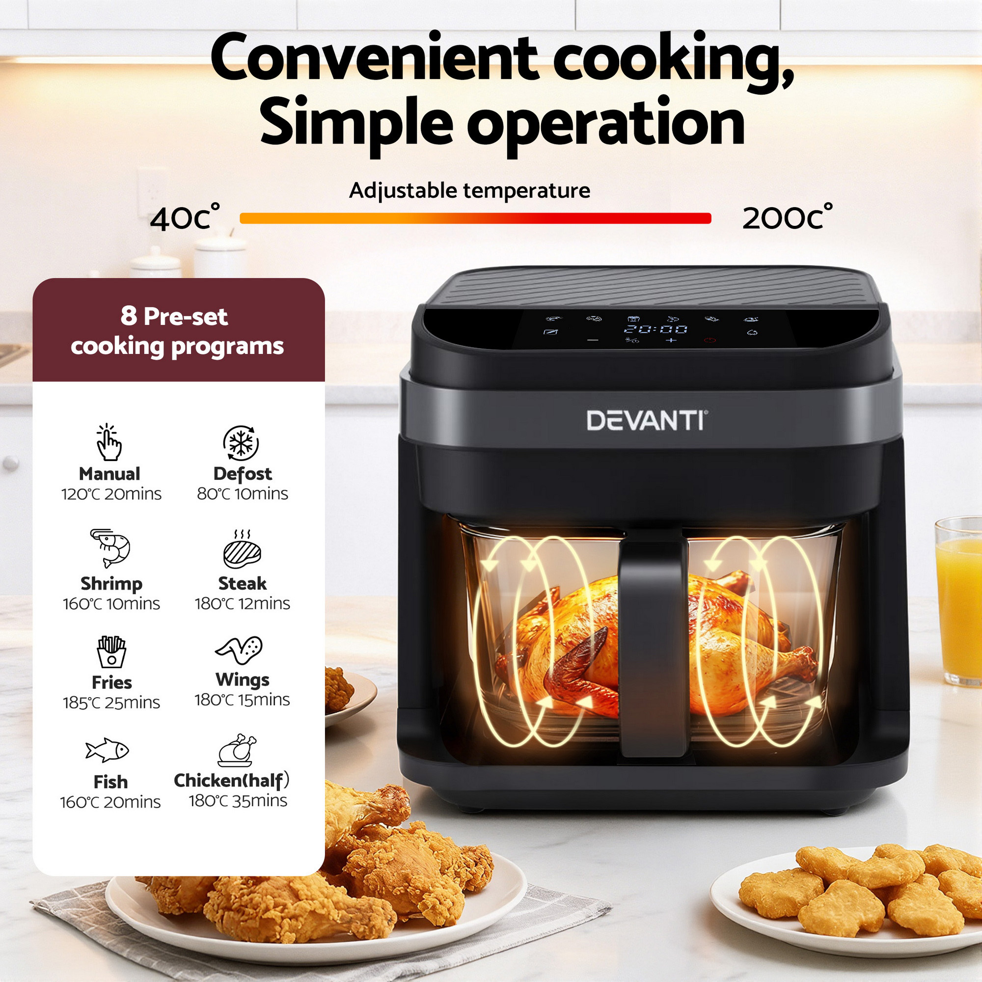 Air fryer with preset cooking programmes.