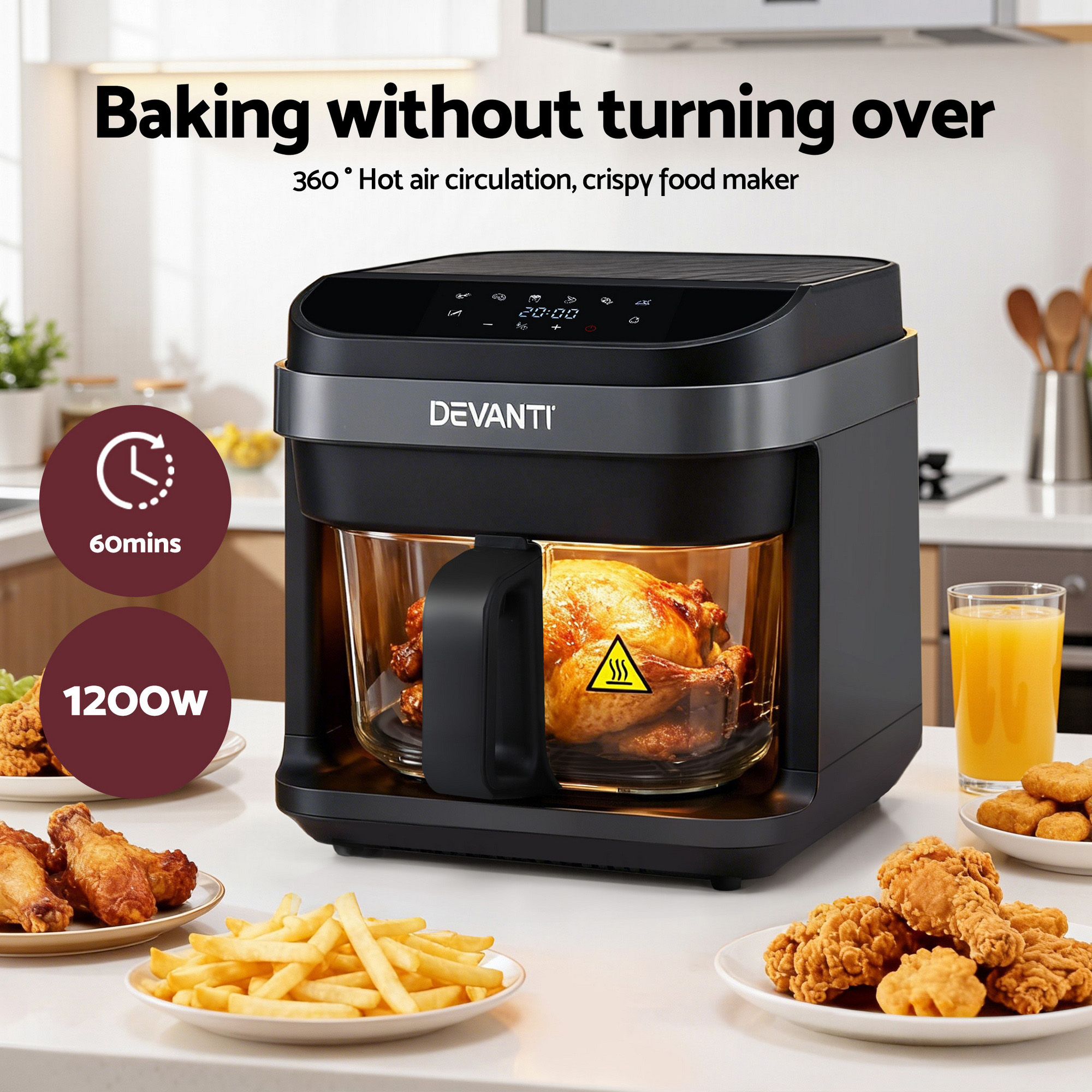 Devanti air fryer cooking chicken, chips, and sausage rolls.