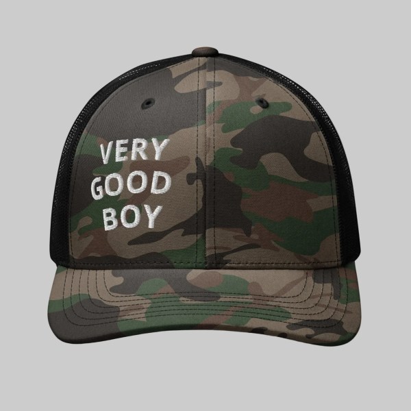 eveonsteve very good boy camouflage trucker hat