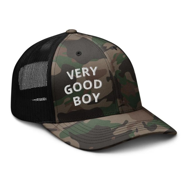 eveonsteve very good boy camouflage trucker hat