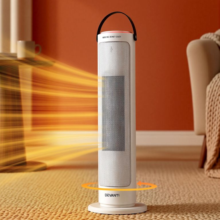 Tower heater emitting warm air in cosy room.