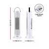 Portable white tower fan with dimensions and plug close-up.