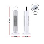 Portable white tower fan with dimensions and plug close-up.