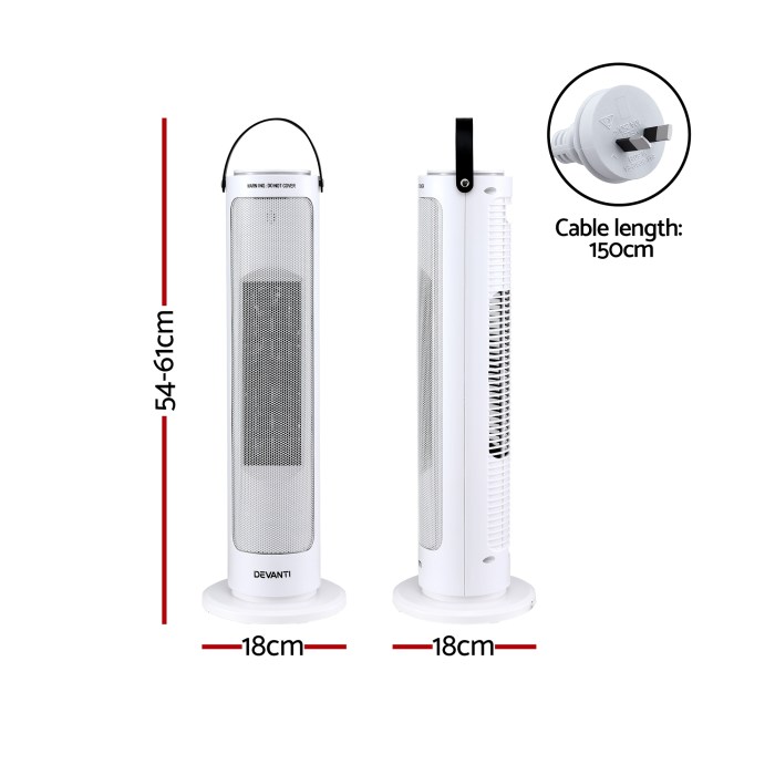 Portable white tower fan with dimensions and plug close-up.