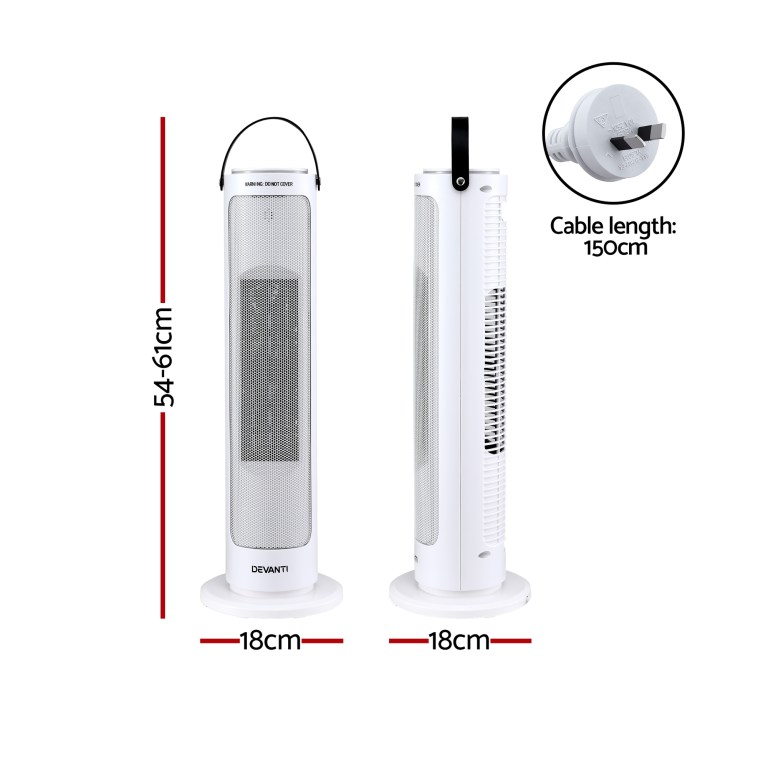 Portable white tower fan with dimensions and plug close-up.
