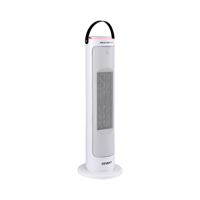 Tall white tower heater with handle.