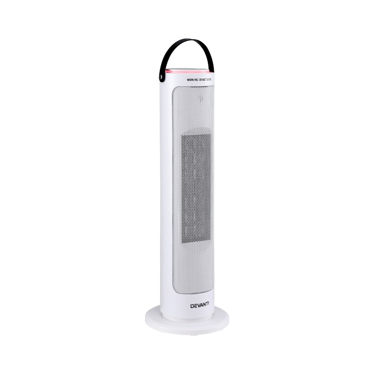 Tall white tower heater with handle.