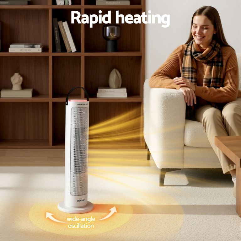 Portable heater with rapid heating, wide-angle oscillation.