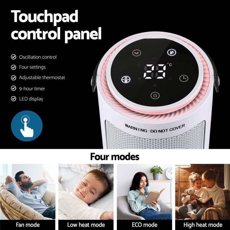 Heater control panel with modes and settings overview.