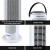 Portable ceramic heater with mesh, leather handle, sturdy base.