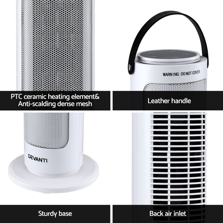 Portable ceramic heater with mesh, leather handle, sturdy base.