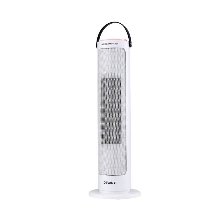 White tower fan with handle and perforated grille.