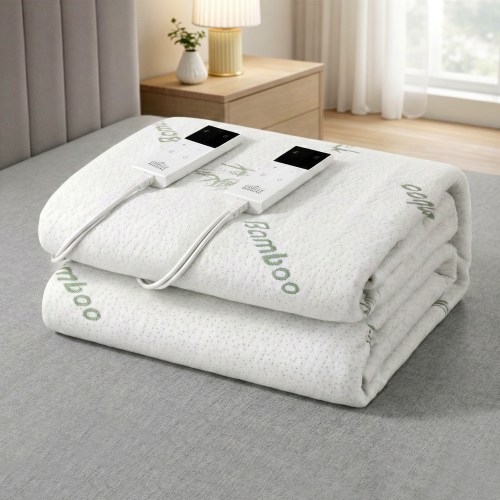 eb c bam lcd d 202601231428 00.jpg Folded bamboo electric blanket with controls on bed.