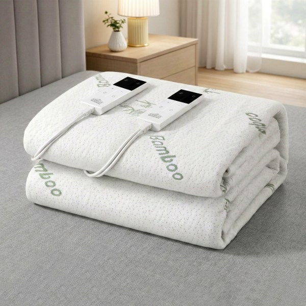 eb c bam lcd d 202601231428 00.jpg Folded bamboo electric blanket with controls on bed.