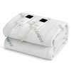 Folded electric blanket with dual controllers.