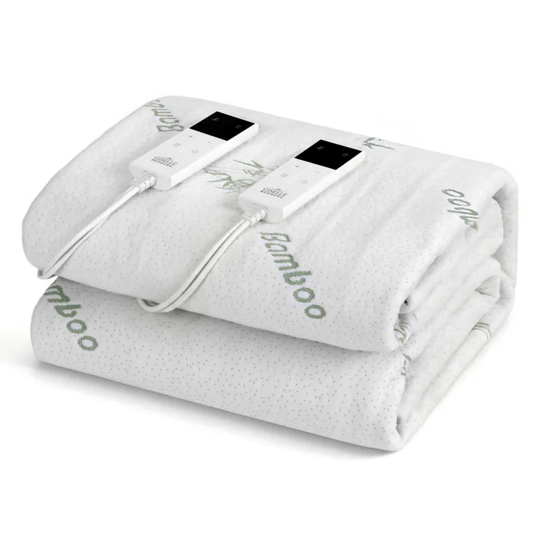 Folded electric blanket with dual controllers.