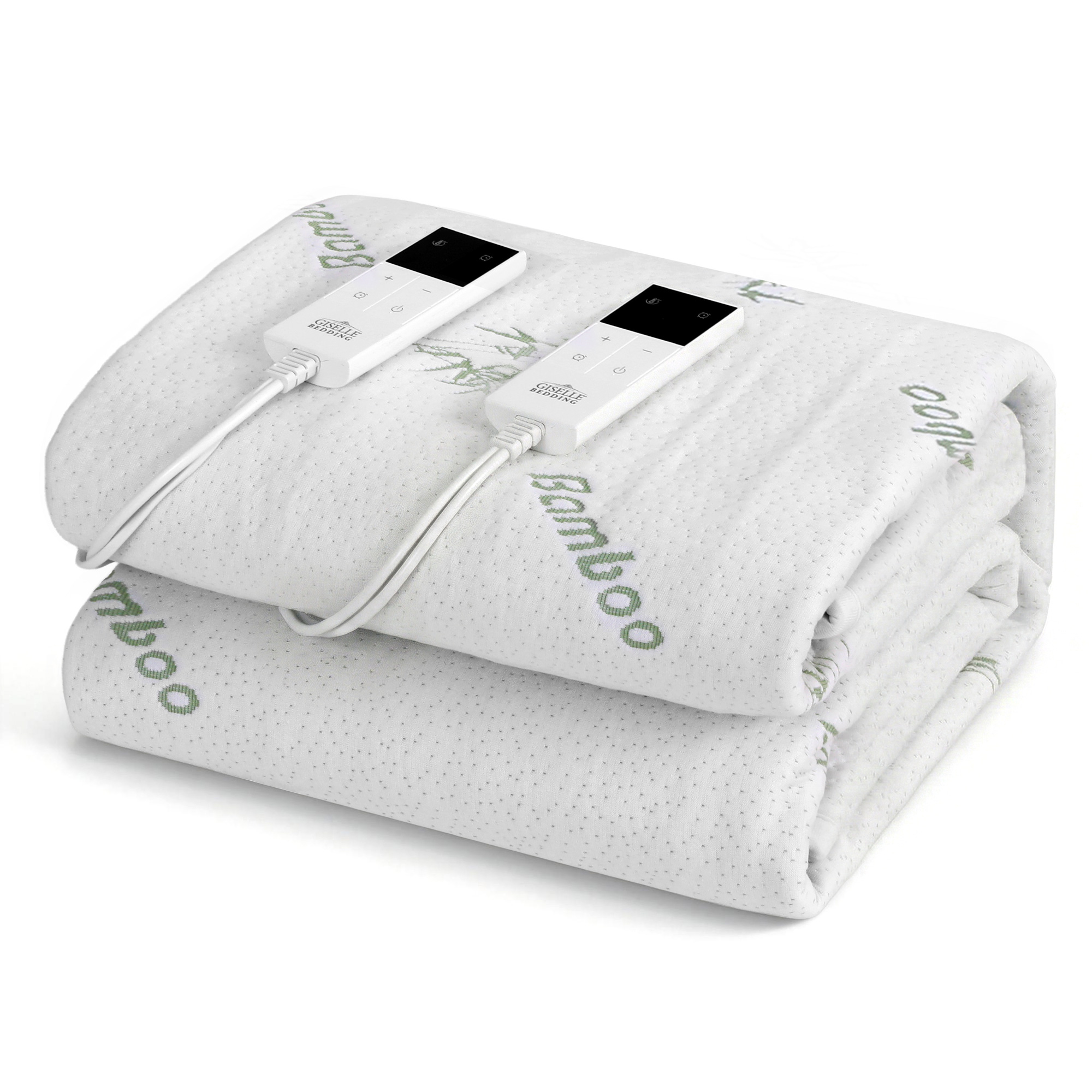 Folded electric blanket with dual controllers.