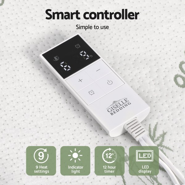 giselle electric blanket bamboo fabric double fitted heated pad underlay washable winter Smart controller with 9 heat settings and LED display.