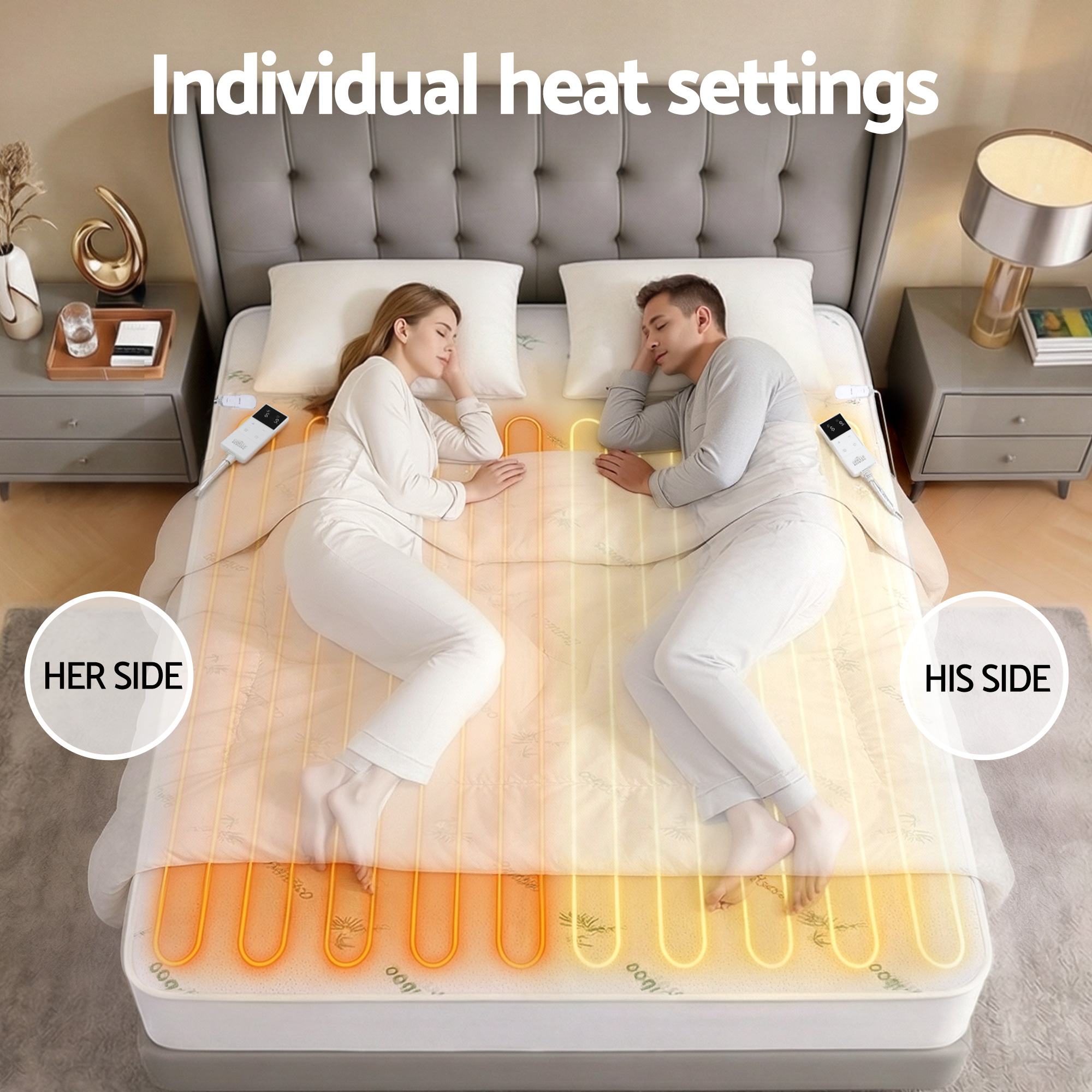 Couple enjoying heated mattress with individual heat settings.