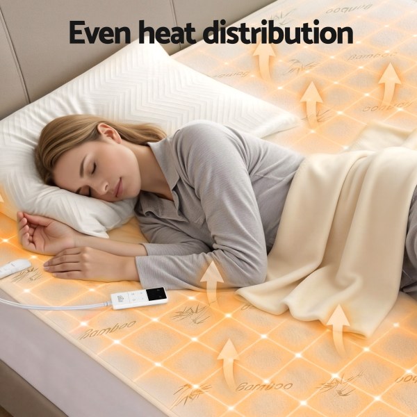 giselle electric blanket bamboo fabric double fitted heated pad underlay washable winter Woman sleeping on heated bamboo mattress pad.