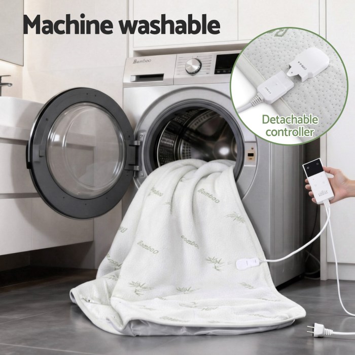 Electric blanket with detachable controller in washing machine.