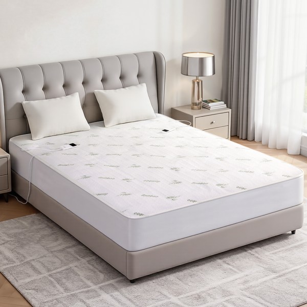 giselle electric blanket bamboo fabric double fitted heated pad underlay washable winter Stylish bedroom with modern upholstered bed and side table.