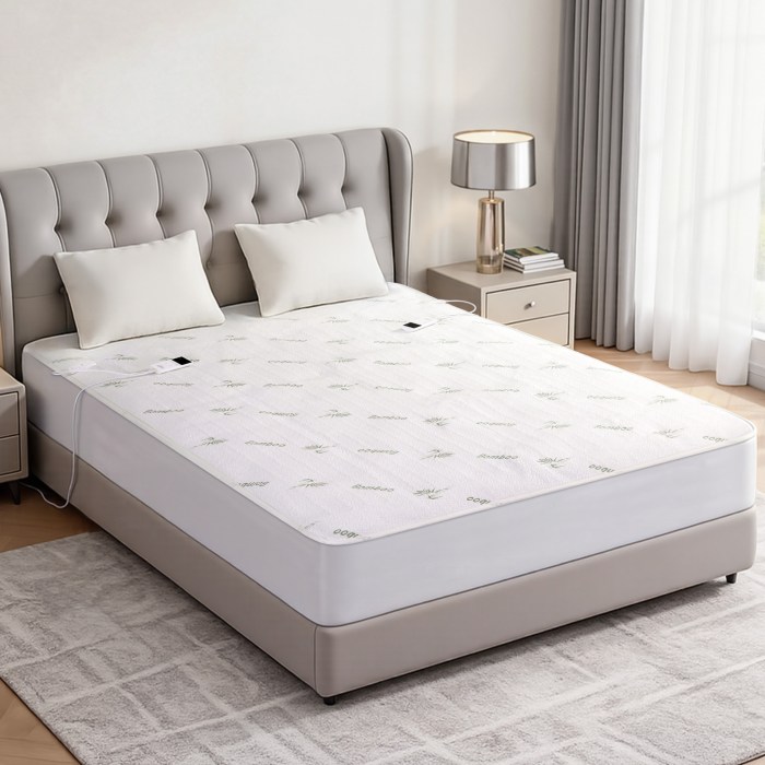 Stylish bedroom with modern upholstered bed and side table.