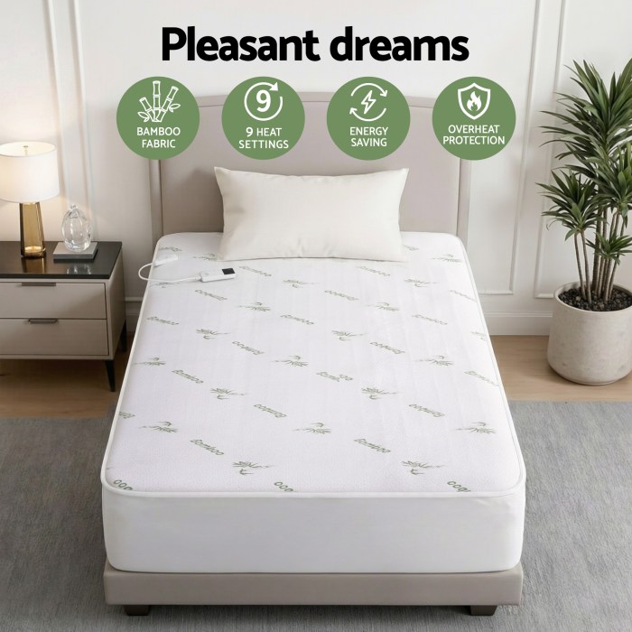 Heated bamboo mattress with energy-saving features.