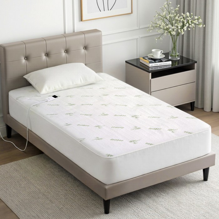 Modern bedroom with bamboo mattress and bedside table.