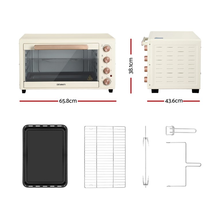 devanti 60l convection oven electric fryer ovens 2000w cream Electric oven with accessories and dimensions