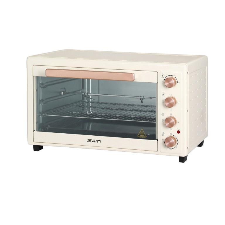 devanti 60l convection oven electric fryer ovens 2000w cream White countertop oven with glass door and knobs.