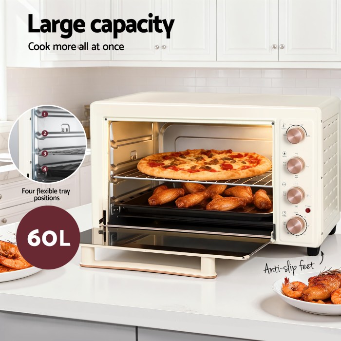 devanti 60l convection oven electric fryer ovens 2000w cream Large capacity oven with pizza and chicken inside.