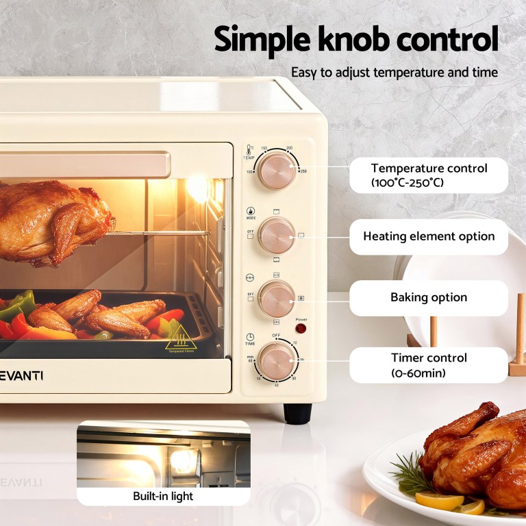 devanti 60l convection oven electric fryer ovens 2000w cream Oven with simple knob controls and roast chicken.