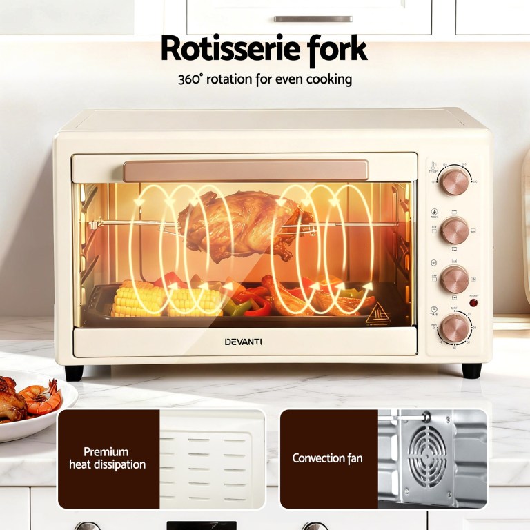 devanti 60l convection oven electric fryer ovens 2000w cream Rotisserie oven with rotating chicken and controls displayed.