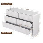 White dresser with open drawers, showing dimensions.