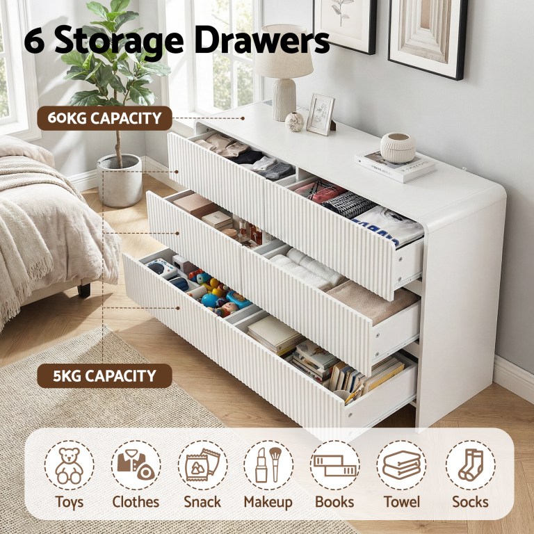 White dresser with six organised storage drawers.