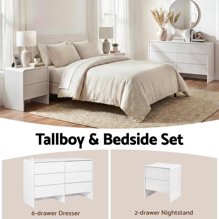 Bedroom furniture set with tallboy and nightstands.