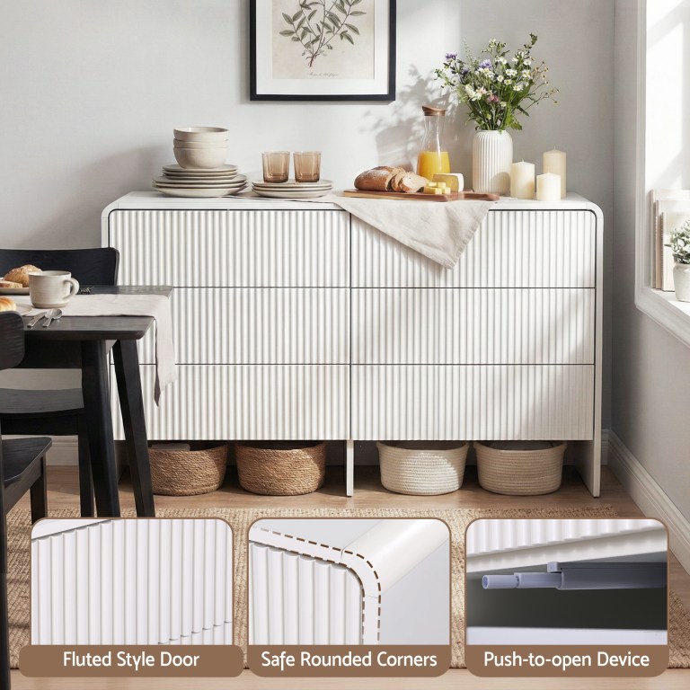 White cabinet with modern fluted design and accessories.