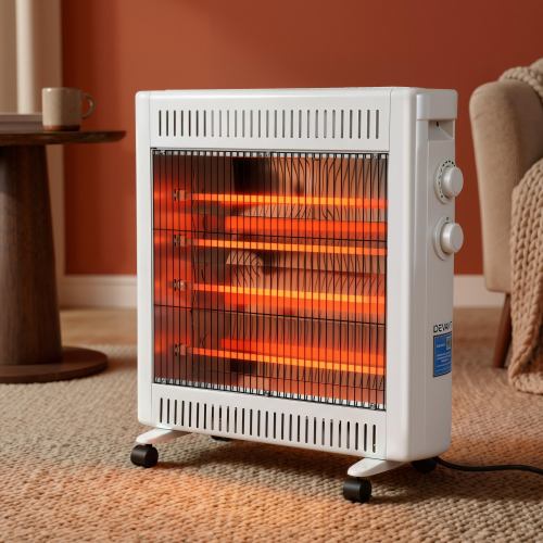 Portable electric heater in cosy living room.