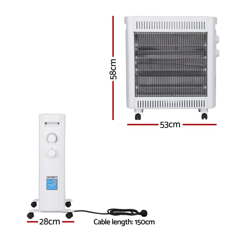 devanti 2200w infrared radiant heater portable electric space heating white Portable electric heater with measurements and cable length.