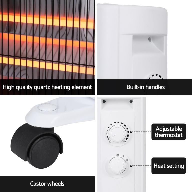 devanti 2200w infrared radiant heater portable electric space heating white Quartz heater with thermostat, handles, and wheels.