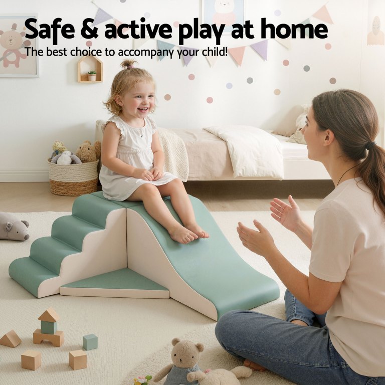keezi kids climbing blocks 4 piece foam toddler playset soft indoor climbing toy rocker Child playing on indoor slide with parent.