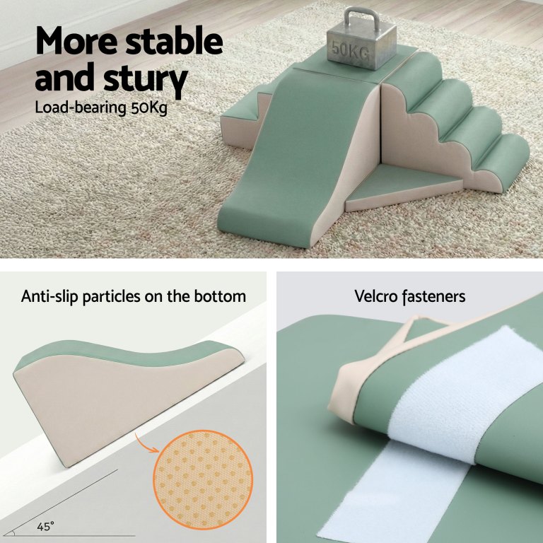 keezi kids climbing blocks 4 piece foam toddler playset soft indoor climbing toy rocker Green foam slide for kids with velcro, anti-slip.