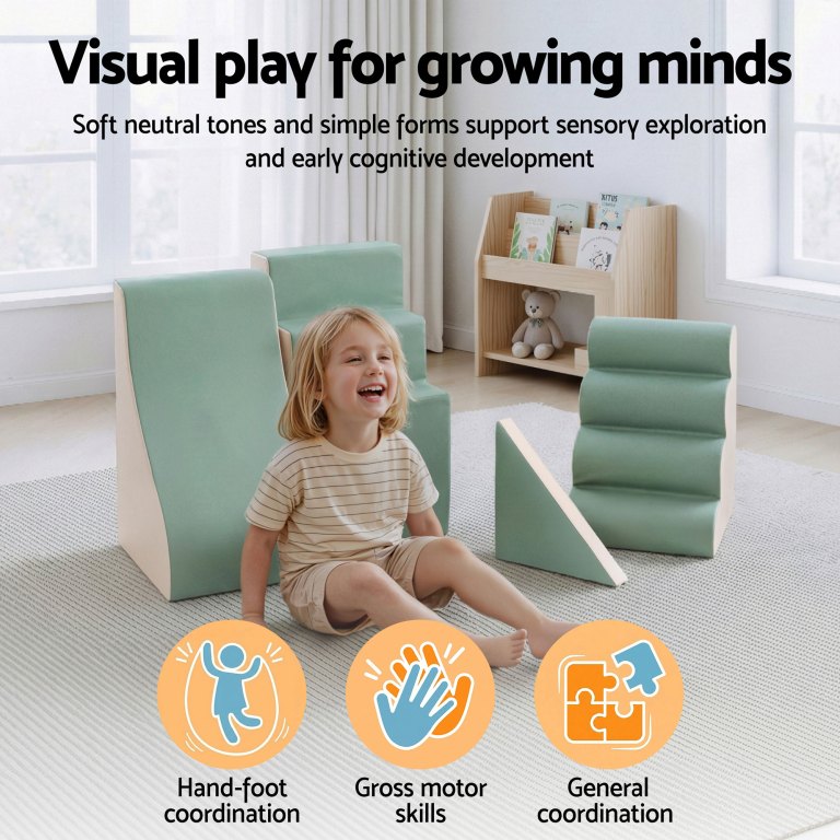 keezi kids climbing blocks 4 piece foam toddler playset soft indoor climbing toy rocker Child playing with sensory blocks, enhances development.