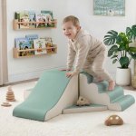 keezi kids climbing blocks 4 piece foam toddler playset soft indoor climbing toy rocker Child playing on indoor slide with toys.