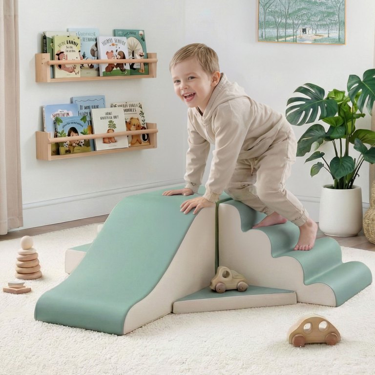 keezi kids climbing blocks 4 piece foam toddler playset soft indoor climbing toy rocker Child playing on indoor slide with toys.